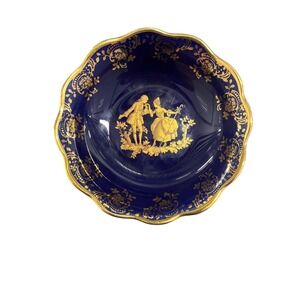 Limoges France Porcelain Trinket Dish Cobalt Blue Gold Courting Couple Scalloped